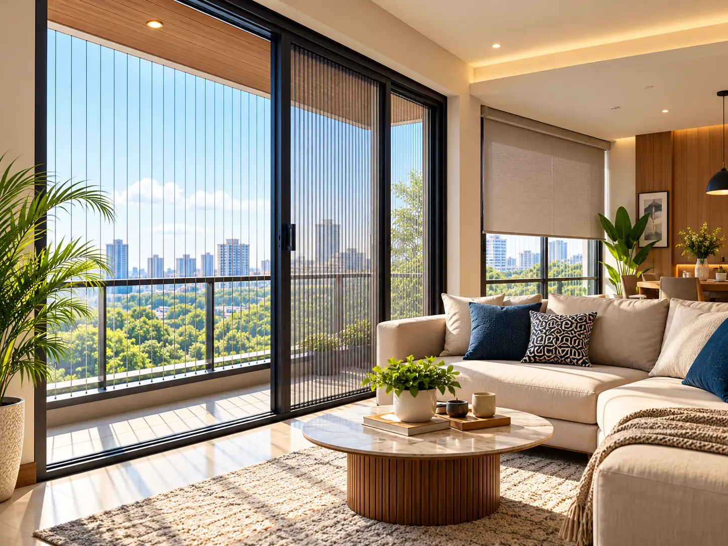 Tastefully designed modern living room with large windows